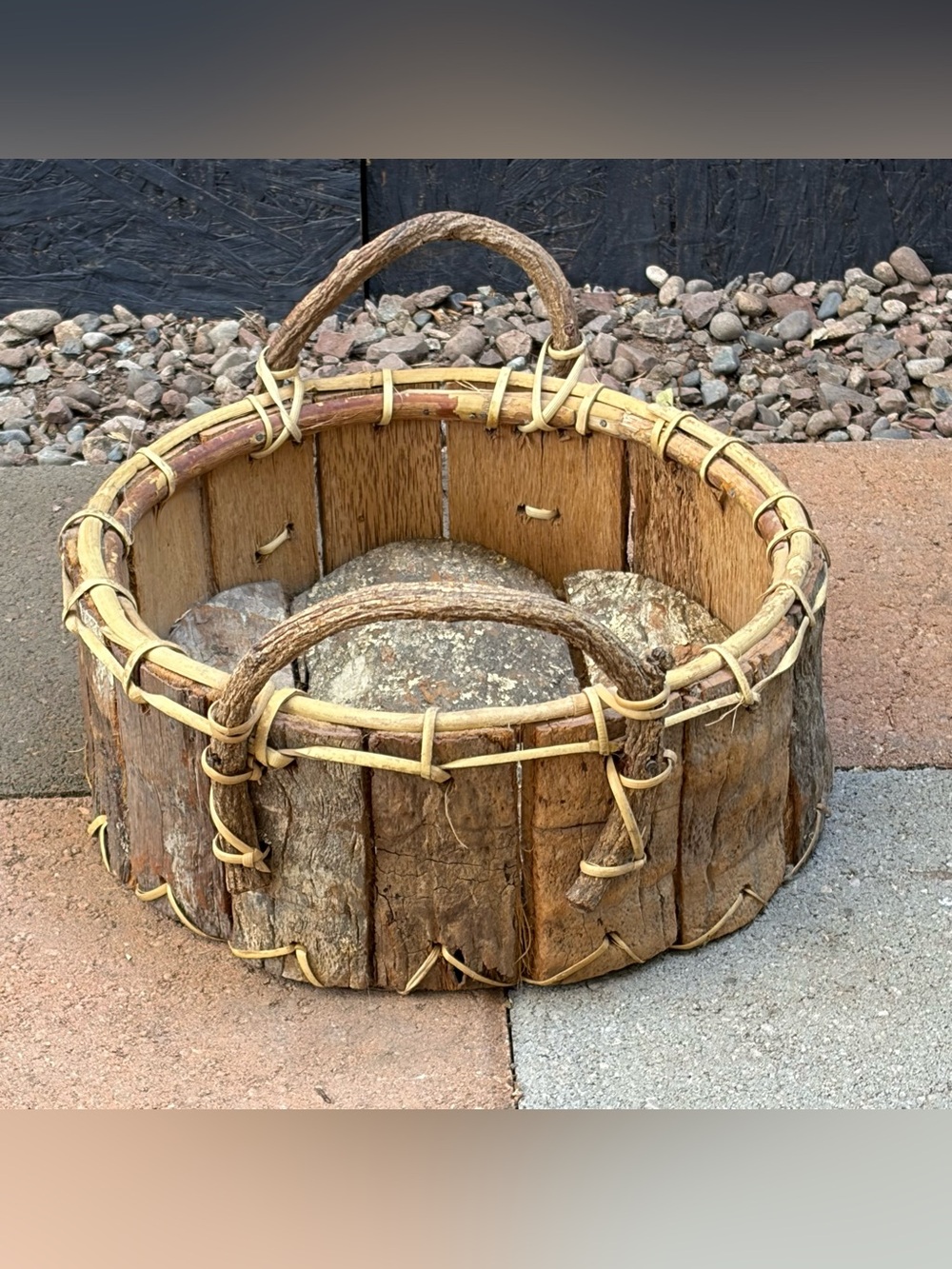 Primitive Wood & Bark Handmade Rustic Round Gathering Basket Vintage VTG Country - Picture 4 of 10